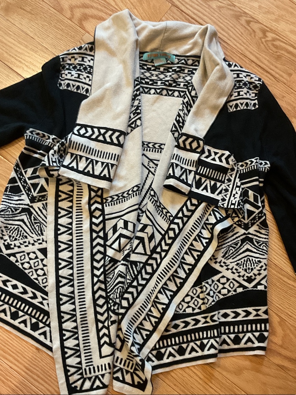 Flying Tomato Black Cream Aztec Women's Sweater Cardigan large distressed elbows - Picture 4 of 13